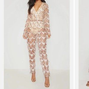 PrettyLittleThing Rose Gold Tassel Plunge Jumpsuit NWT
